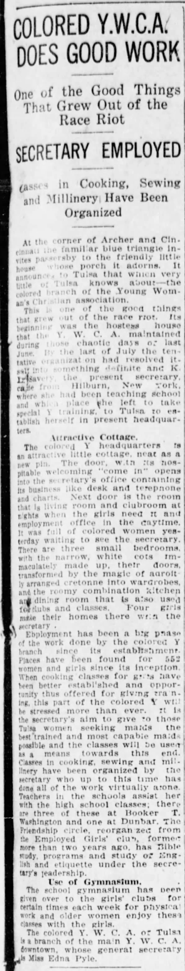 Newspaper: 'Colored Y.W.C.A. Does Good Work — One of the Good Things That Grew Out of the Race Riot' — Greenwood YWCA rebuilt, offering classes in cooking, sewing, and millinery, an employment office, and a library room, serving survivors after the massacre