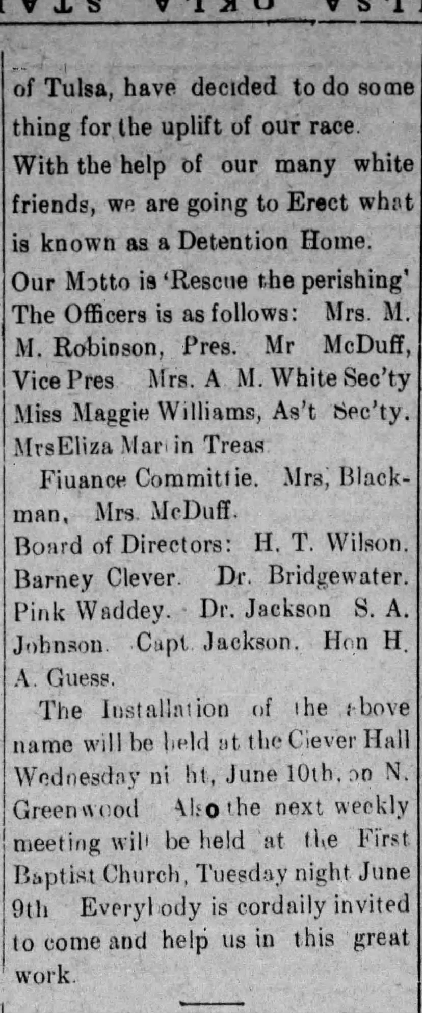 Tulsa Star: Formation of a Detention Home 'for the uplift of our race' — officers and board of directors listed, including Dr. Jackson S. A. Johnson and Capt. Jackson among Greenwood community leaders