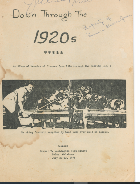 'Down Through the 1920s' — front page of the Booker T. Washington High School reunion program, Tulsa, Oklahoma, July 20–23, 1978; an album of memories of classes from the late 1910s through the roaring 1920s — the generation that built Greenwood, survived the massacre, and rebuilt again