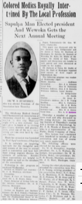 Tulsa Star: 'Colored Medics Royally Intertwined By the Local Profession — Sapulpa Man Elected President and Wewoka Gets the Next Annual Meeting' — Oklahoma Medical Federation annual meeting coverage; Dr. A. C. Jackson featured as state vice-president of the National Medical Association for Oklahoma