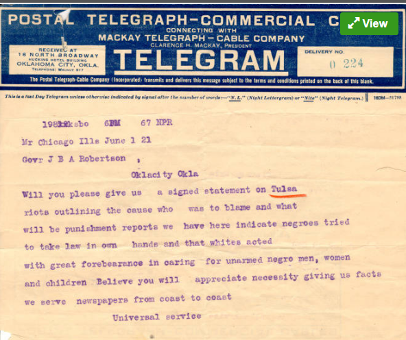 Postal Telegraph–Commercial Cable Company, June 1, 1921: telegram to Governor J. B. A. Robertson, Oklahoma City — calling for a public statement on the Tulsa massacre, demanding accountability, and reporting that negroes were being taken into the homes of white citizens for safety