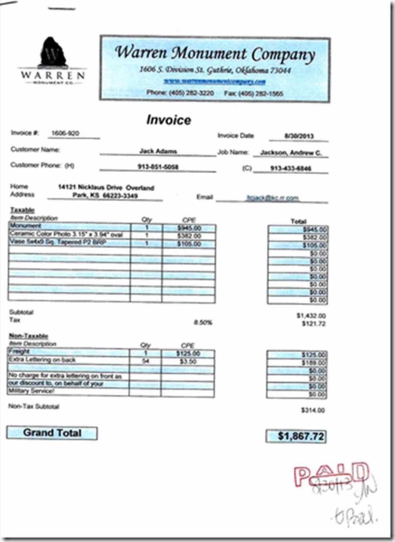 Warren Monument Company invoice #1606-920, August 30, 2013 — the monument, ceramic color photo, and vase, billed to Jack Adams for job 'Jackson, Andrew C.' The company waived the charge for the front lettering, noted on the invoice as 'our discount to, on behalf of your Military Service!'
